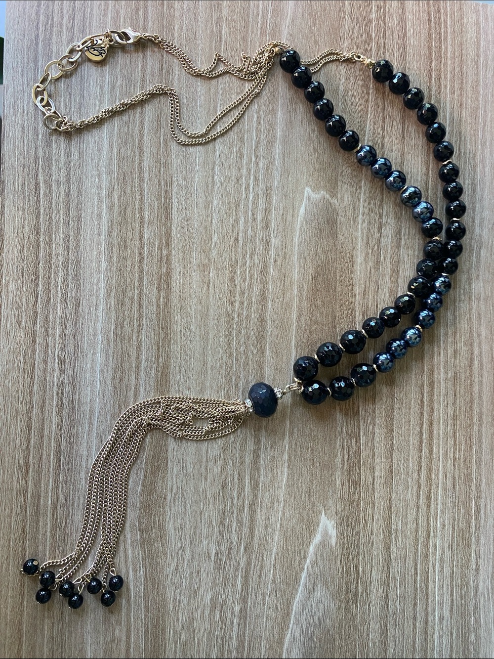 Vera Bradley Vintage Long Black and Blue Glass Bead Necklace with Gold Tassel